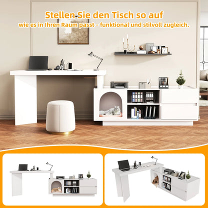 Eckschreibtisch mit integriertem Tierhaus, MDF-Eckschreibtisch aus verdicktem Brett für das Heimbüro mit XLanimal Cave L-förmiger Eckschreibtisch