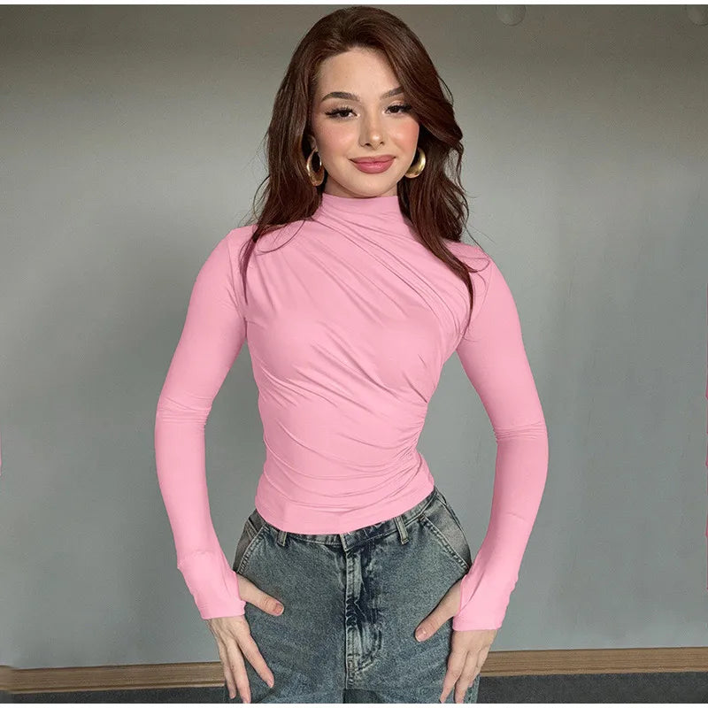 Turtleneck Women Tees Sexy Slim Long Sleeve Pleated All-match Basic Lady T-shirts Spring Autumn Fashion Chic Female Top 2025.