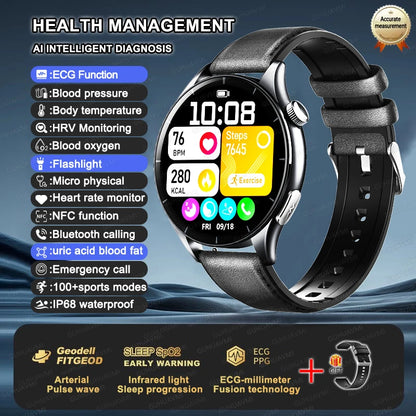 2025 New NFC  Health MonitorUric Acid Blood Pressure Blood oxygen Body Analysis Smart Watch ECG+PPG Clock Smartwatch Men lady