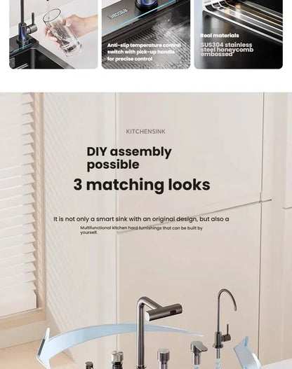 Intelligent Waterfall Stainless Steel Kitchen Sink MultiFunctional Digital Display Porous Large Single Slot Wash Dish Basin