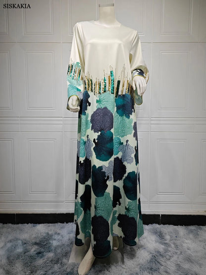 Siskakia Arab Saudi Printing Sequins Long Dresses Galabia Muslim Eid Women Abayas Islam Clothing Turkish African Kebaya 2024 New.