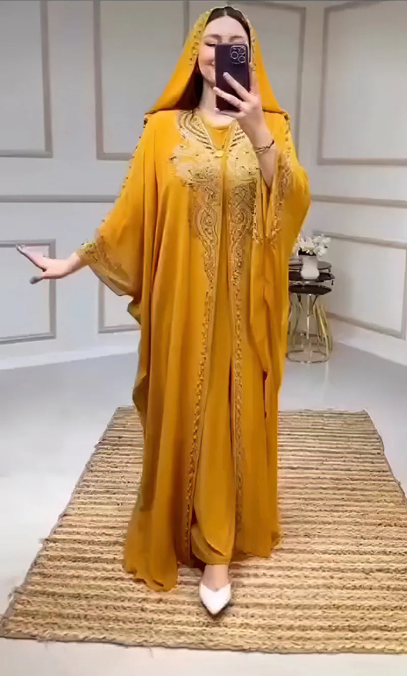 Eid Muslim Dress for Women Hooded Abaya 2 Piece Set Diamond Jalabiya Morocco Party Dresses Dubai Abayas Kaftan Vestido Long Robe