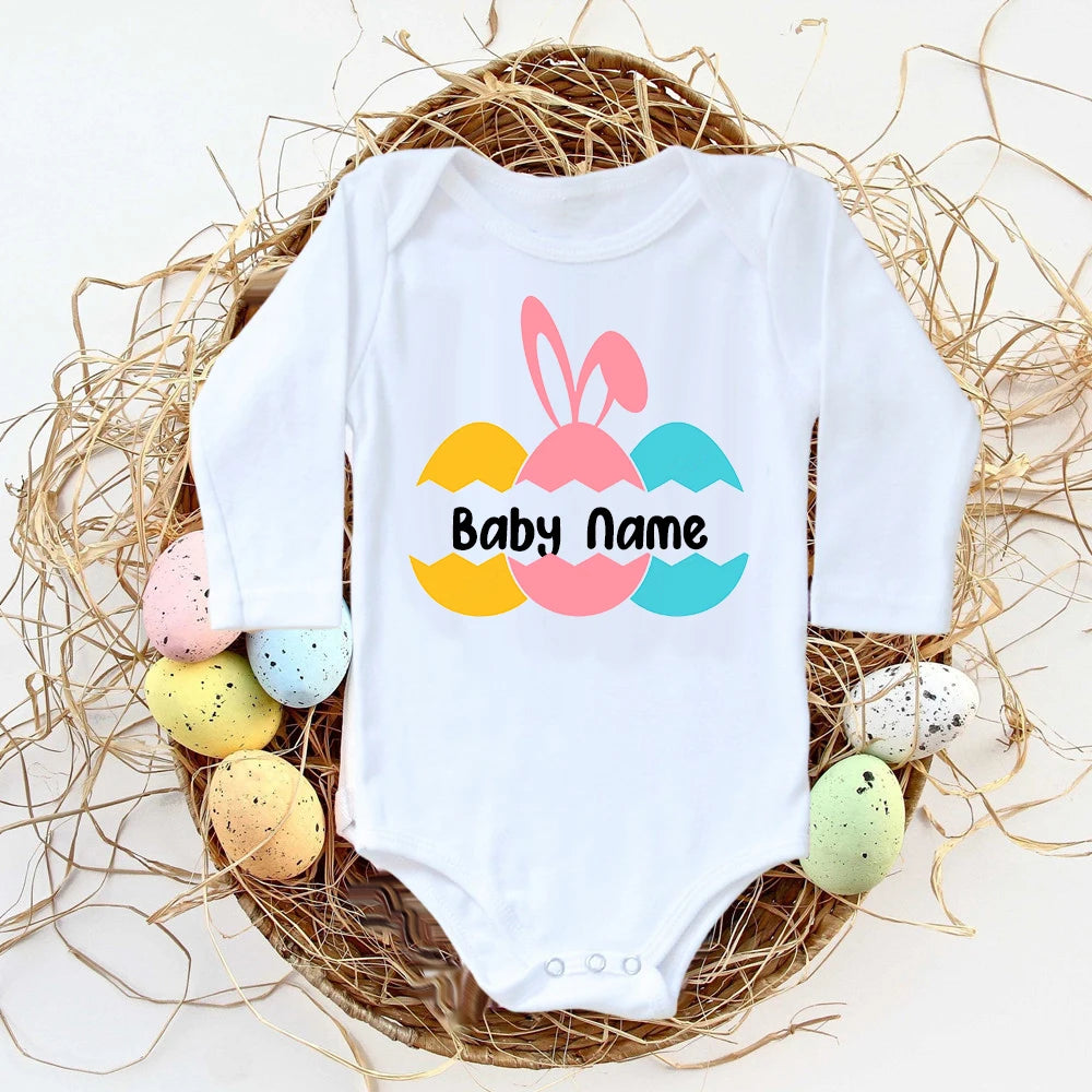 Personalisierter Ostern-Baby-Body mit individuellem Namen, Säuglings-Outfits, Kleidung, Junge, Mädchen, Urlaub, Party, Overall, niedlicher Hase, Neugeborenen-Strampler.