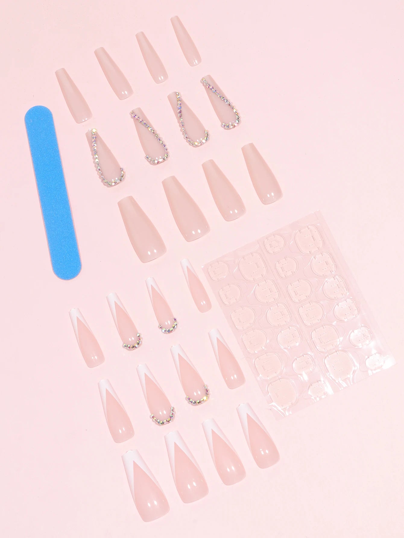 Transform Your Nails with 24pcs Long Coffin White French 3D Rhinestone Decor Fake Nail.