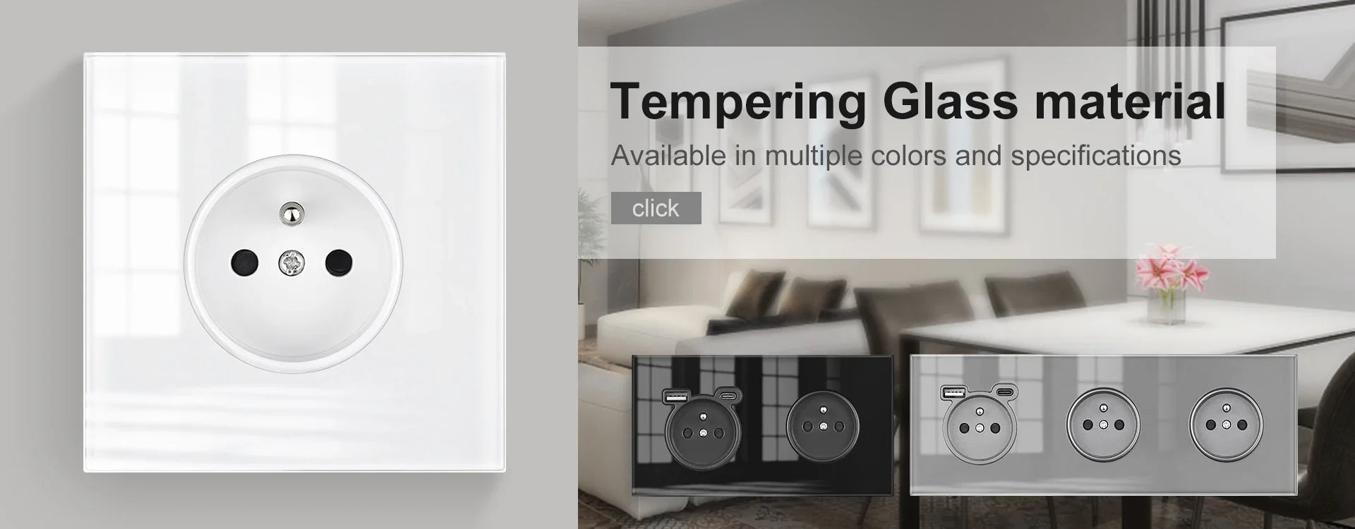 SRAN Französische USB-Wandsteckdose 5 V 2,1 A, Kristall-Hartglasscheibe 16 A 220 V 82 x 82 mm Steckdose Frankreich-Standard mit Abdeckung.