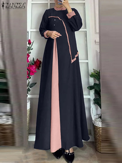 ZANZEA Women Autumn Patchwork Long Sleeve Maxi Dresses Muslim Turkey Abaya Dress Hijab Sundress Robe Femme Loose Vestidos Kaftan.