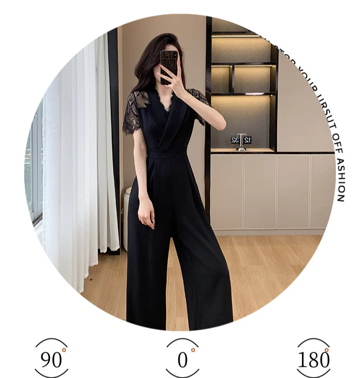 V-neck Solid Office Jumpsuit Women Elegant High Waist Wide Leg Pants Overall 2025 Fashion Slim Hollow Solid Color Romper.