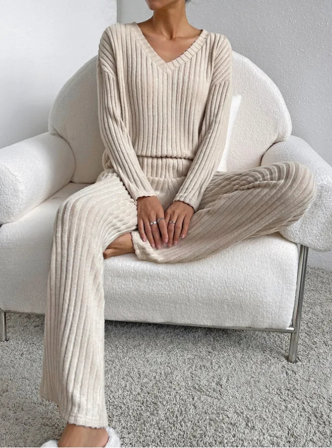 Autumn Winter Ribbed Knit Two Piece Set Womens V Neck Long Sleeve Top Wide Leg Pants Loungewear Casual Solid Color Outfit.