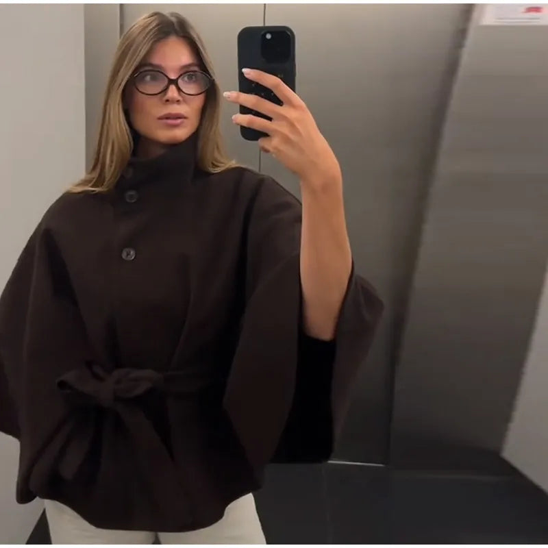 Straße Batwing Hülse Cape Gürtel Mäntel Frauen Lose Solide Stehkragen Einreiher Jacke 2025, Herbst Dame Alle-spiel chic Mantel