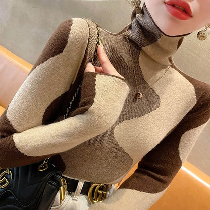 Women Clothing Vintage Fashion Slim Turtleneck Sweaters Autumn Winter Elegant Chic Patchwork Knit Pullovers Office Lady Tops