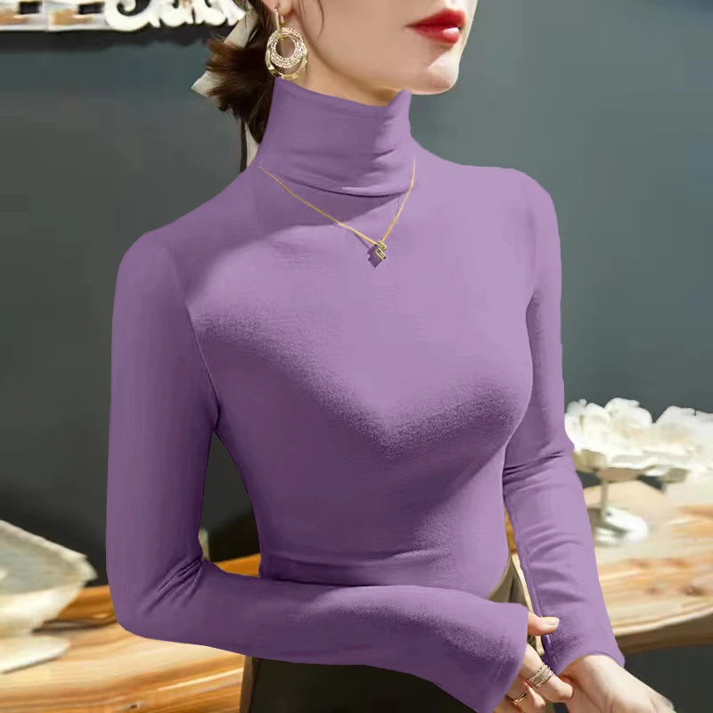 2025 Fashion Autumn Winter Female Turtleneck Fleece Stretch Shirt Women Long Sleeve T-shirt Warm Basic Pullover Bottoming Tops.