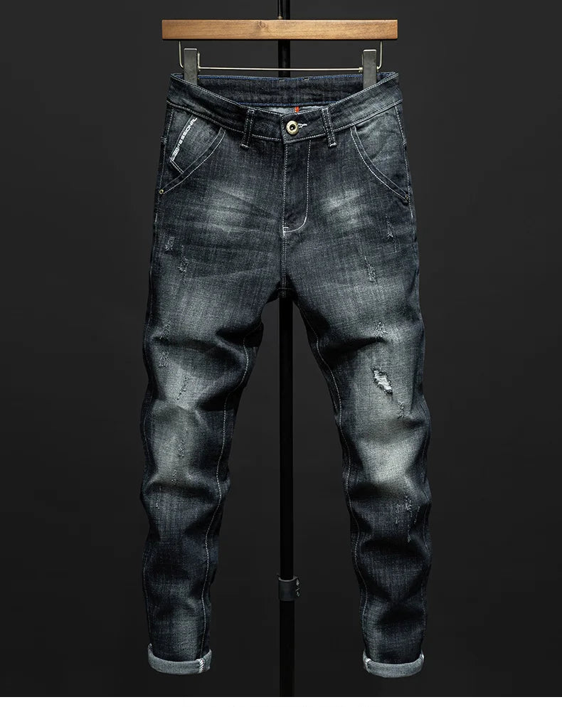 Fashion Ripped Men's Slim Straight Stretch Jeans Korean Personality Streetwear Denim Pants Classic Black Hip Hop Male Trousers.