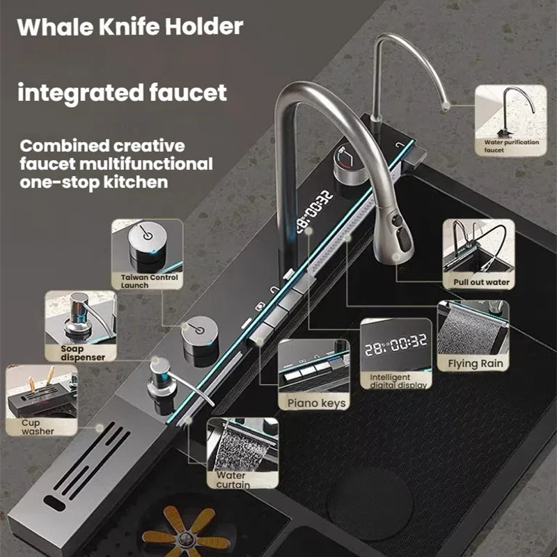 Smart Digital Display Waterfall Faucet Kitchen Sink With Knife Holder and Trash Can Household Wash Dish Basin Large Single Slot