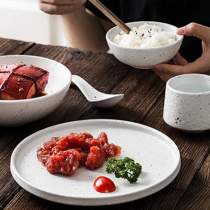 Japanese-style Tableware Set Bowls and Plates Round White Ink Point Dinner Plates Home Creative Western Dishes Dinner Plates.