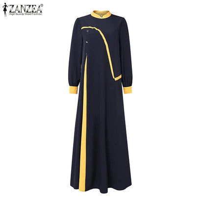 ZANZEA Women Autumn Patchwork Long Sleeve Maxi Dresses Muslim Turkey Abaya Dress Hijab Sundress Robe Femme Loose Vestidos Kaftan.