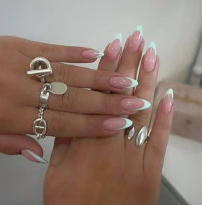 24Pcs/set Almond Press-On French Nail Tips Green Cat Eye False Nails Simple&Elegant Wearable Nail Art for Women&Girls Daily Wear