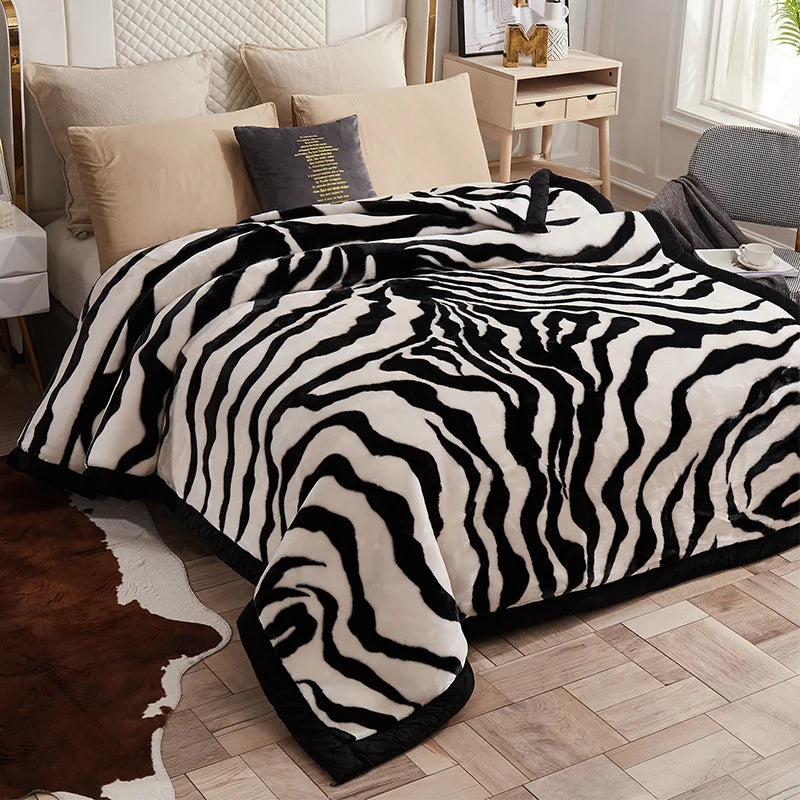 Nordic Style Zebra Print Coral Fleece Blanket Thickened Raschel Autumn Winter Blankets Double Layer Multi Purpose Plush Quilt