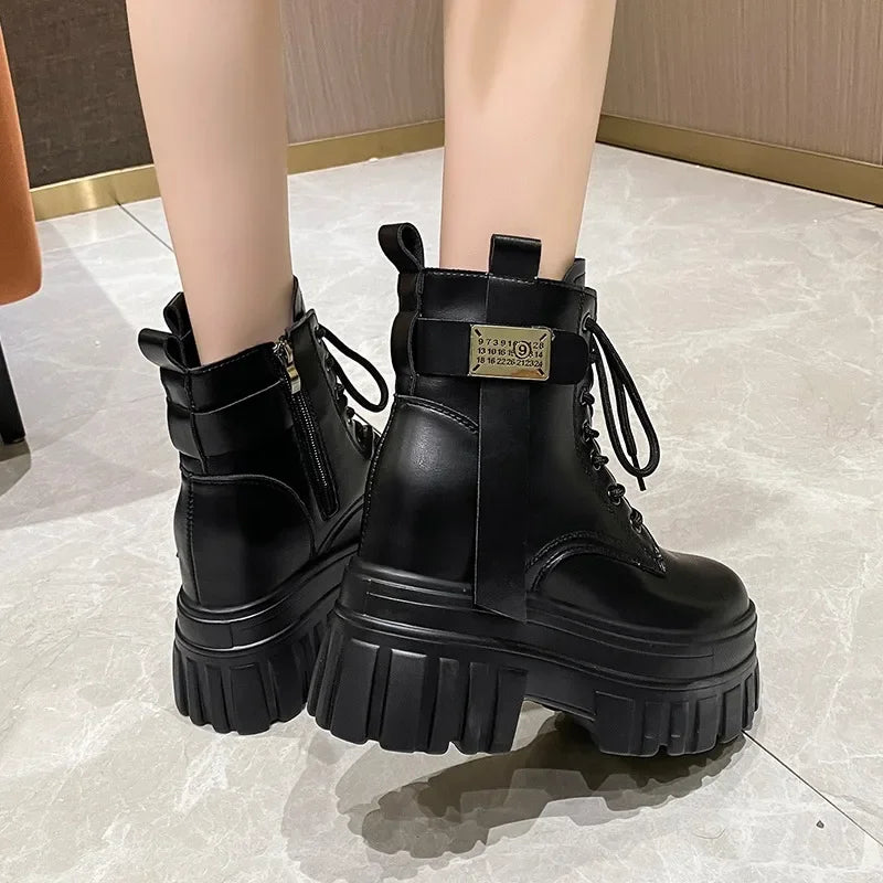 Women's High Platform Motorcycles Boots Winter 10CM Wedge Heels Warm Ankle Boots Chunky Sneakers New Autumn Leather Shoes Woman.