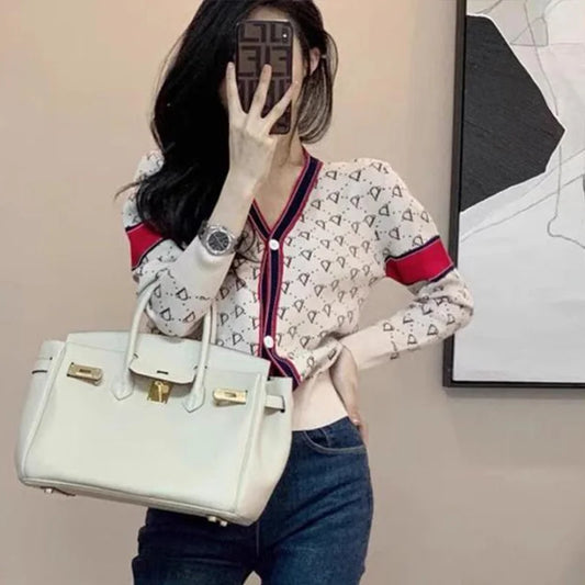Women Knitwear Fashion Letter Jacquard Thin Cardigan Spring Slim Y2K V-neck Long Sleeve Tops Commute Vintage Sweaters.