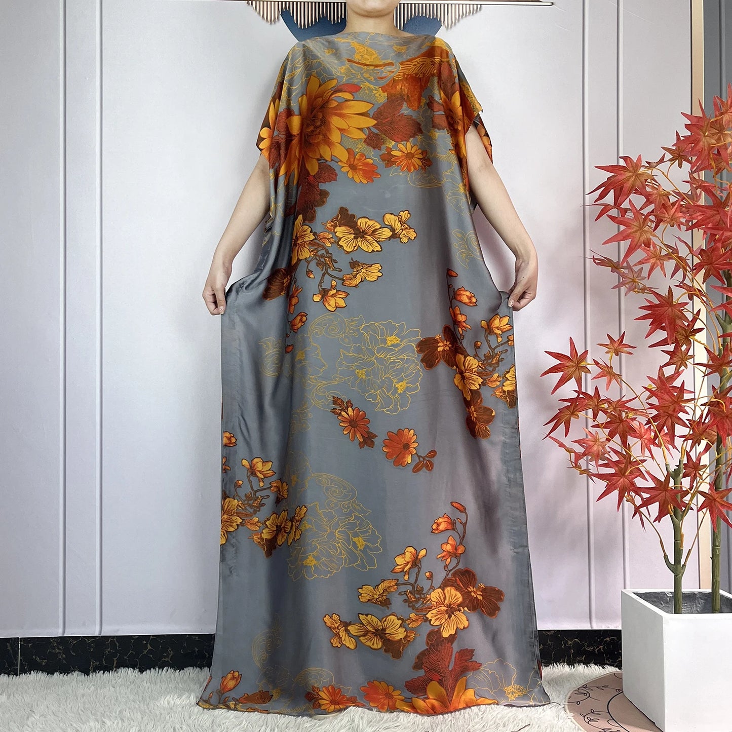 2024 New Dubai Summer Fashion For Women Printed Silk Soft Loose Femme Robe African Islam Maxi Woman Casual Dresses With Turban