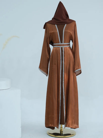 Muslim Abaya for Women Eid Dress 2 Piece Set Diamond Morocco Ramadan Lace-up Abayas Kaftan Islam Cardigan Dubai Arab Long Robe