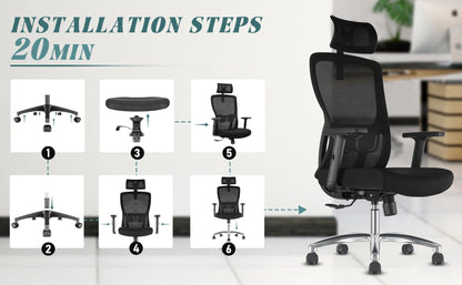 Durrafy Ergonomischer Bürostuhl, Schreibtischstuhl mit verstellbarer Kopfstütze, Armlehnen und Lordosenstütze, Netzdrehstühle, Schwarz