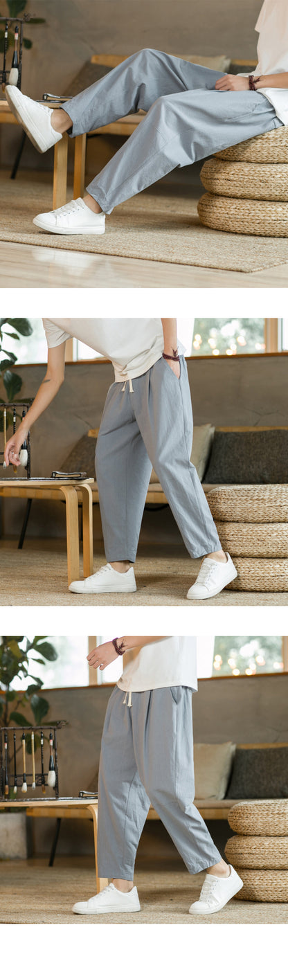 Men's Trousers Cotton Linen Fashion Casual Pants Solid Color Breathable Loose Shorts Straight Drawstring Pants Streetwear Men.