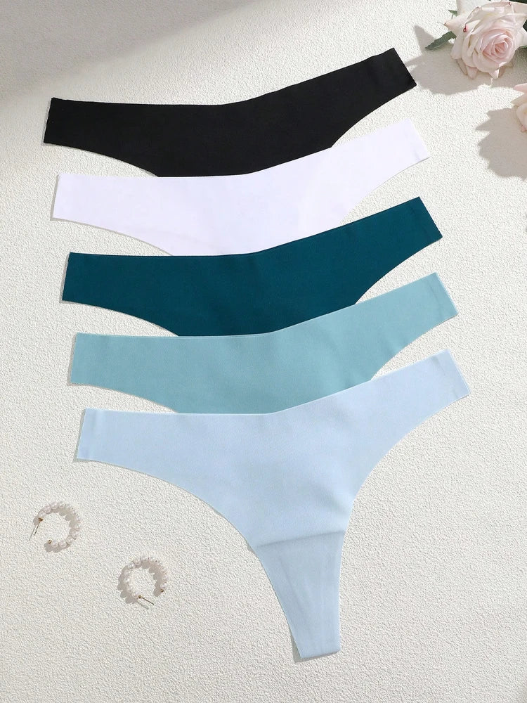 5Pcs Ice Silk Seamless Thongs Women's V-Waist Solid Color Panties Sexy Breathable Low Rise Underwear Invisible Bikini Lingerie.