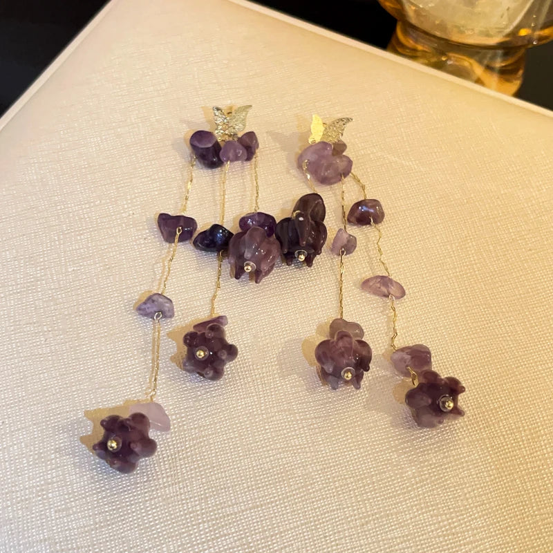 Pink Butterfly Earrings With Long Tassel Sparkly Zircon Crystal Imitation Pearl Beads Earrings Light Luxury Party Ear Jewelry