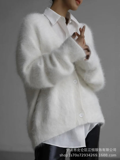 Women New Knitted Thick Cashmere Wool Cardigan Chic V Neck Single Breasted Fashion Long Sleeve Sweater Fall Winter Coat Outwear