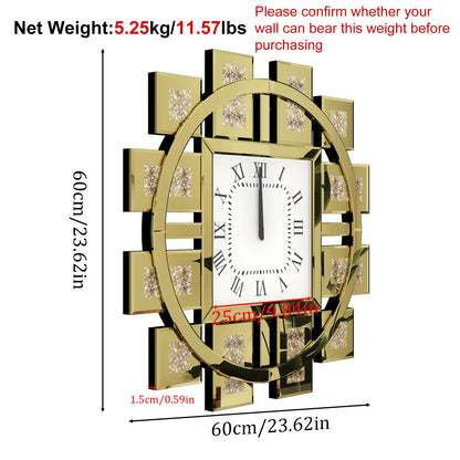 Wanduhr 60 cm/24 Zoll, runde Uhr mit zerkleinertem Diamant-Dekor, abgeschrägter Spiegelkantenrahmen, golden/silber, für Einstieg, Wohnzimmer, Büro