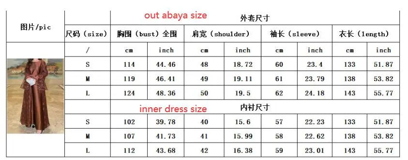 Muslim Women Abaya Dress 2 Piece Set Flare Sleeve Lace Sequin Satin Morocco Caftan Dress Musulman Ensembles Cadigan Outfit Suits.