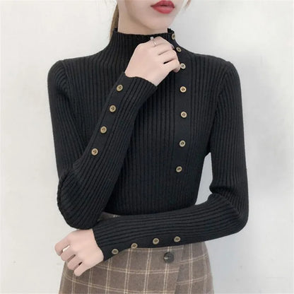 2023 frauen Herbst Gestrickte Dünne Pullover Solide Strickte Weibliche Baumwolle Weiche Elastische Farbe Pullover Taste Volle Hülse Rollkragen
