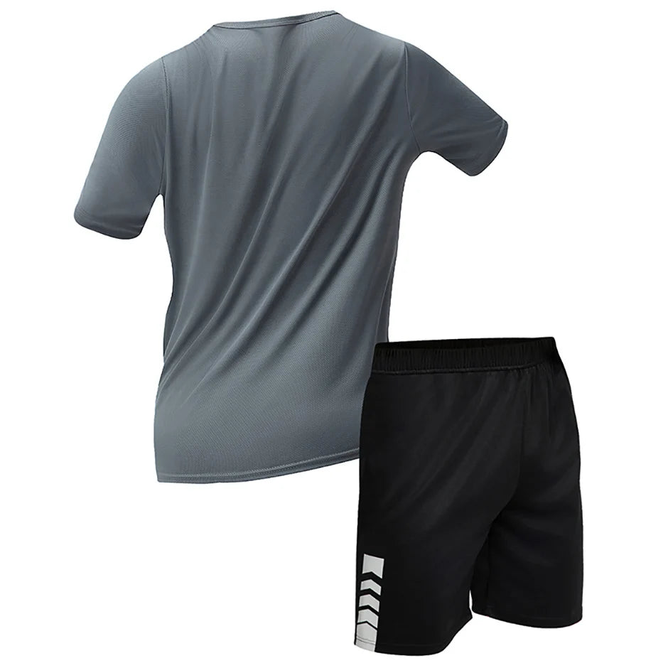 2-pcs Men's Quick-drying Exercise Black-and-white Suit Running Fitness Breathable Short Sleeve Comfortable Joker Playing Shorts