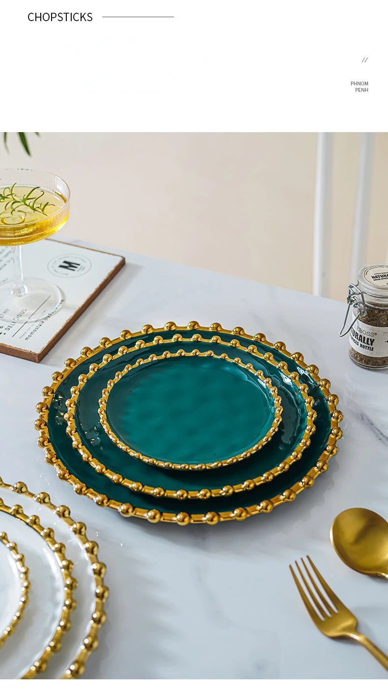 Nordic Ins Style Golden Edge Bead Plate Western Food Steak Plate Home Network Red Dish Creative Tableware Plate Breakfast Salad.