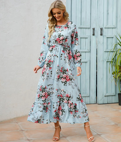 Women Floral Printed Maxi Dresses Spring Summer Casual O Neck Full Sleeve High Waist A Line Boho Beach Party Long Dress Vestidos.