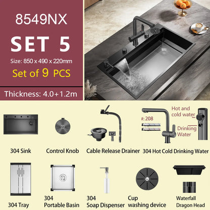 ASRAS large kitchen stainless steel nano sink with built-in waterfall faucet and large drainage outlet design