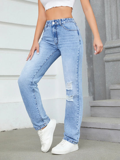 Loose High Waist Casual Hole Straight Leg Jeans Long Pants Wide Leg Trousers Comfortable Fit Female Denim Jeans.