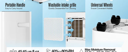 Dehumidifier 20 L, Dehumidifier Cellar Rooms with Digital Display, 24H Timer, Automatic Defrosting, Dry Clothes, Continuous Drai.