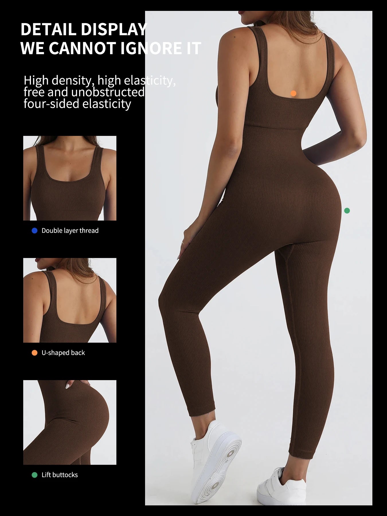 Women's jumpsuit yoga ribbed bodysuit seamless square neck leggings for sports and fitness.