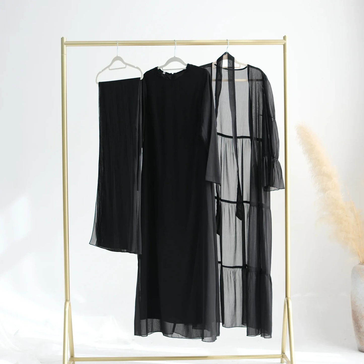 Chiffon Sheer Open Abaya Set Hijabi Muslim Women Party Ramadan Islamic Clothing  Dubai Turkey Kaftan Crepe Kimono Open Abayas.