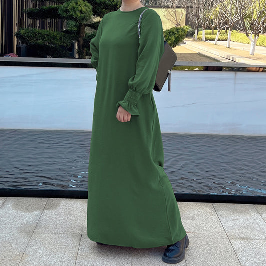 Ramadan Solid Crew Neck Shirred Cuff Abaya, Elegant Long Sleeve Simple Maxi Dress, Women's Clothing Kebaya Kaftan.