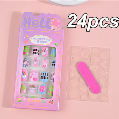 120pcs/box Pink Cartoon Children Press On Nails Candy Color Unicorn Cat Bunny Kids Full Cover False Nail Girls Party Nail Decora
