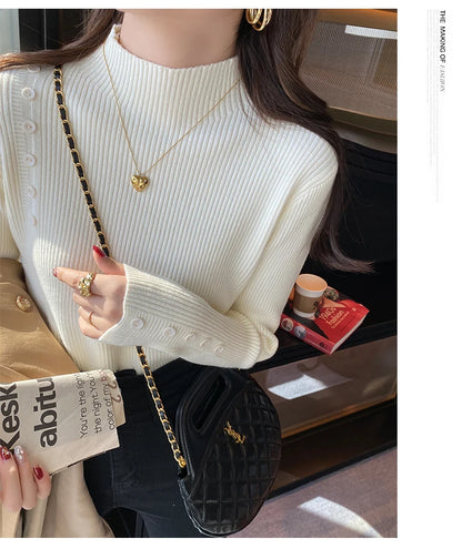 Langarm Beiläufige Dünne Pullover Mode Taste Grundlegende Gestrickte Tops Frauen Rollkragenpullover Koreanische Mode Einfache Chic Kleidung