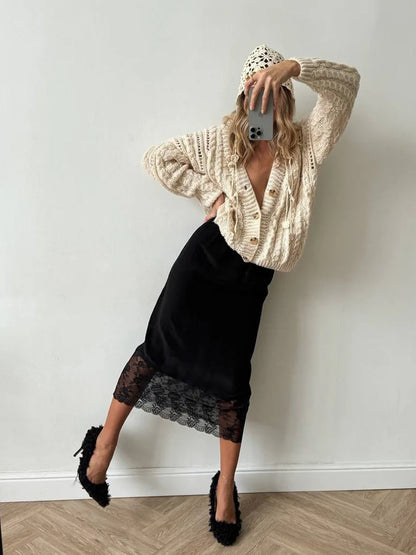 Tossy White Casual Lace Long Skirt For Women Slim High Waist Patchwork Elegant Commute Clothes Summer 2025 Female Maxi Skirt New