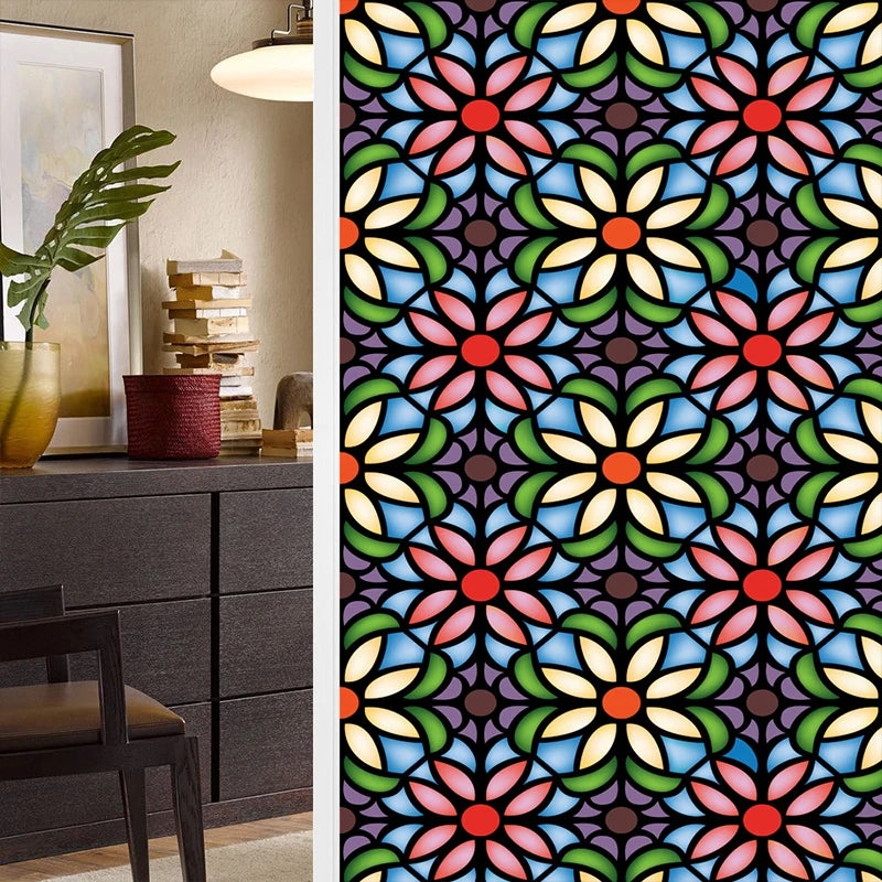 Colorful Retro Flower Bird Window Film PVC Electrostatic Glass Stickers Stained Window Films Static Cling Frosted Glass Film.