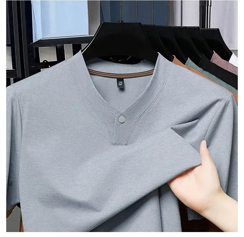 Men's T-shirt Classic V-Neck Short Sleeved Cotton Solid Button Super Soft High Quality L-4XL Casual Tshirt Design Men Tee Shirts.