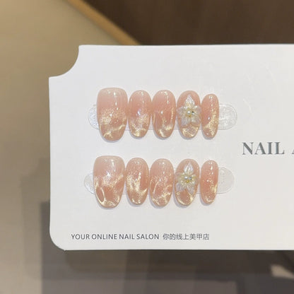 10Pcs mid-length oval White Moonlight Cat Eyes Nails Sliver Bowknot Press on False Nails with Pearl Diamond Full Cover Nail Tips.