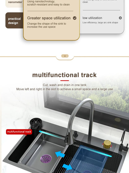 Waterfall Sink Kitchen Stainless Steel Topmount Sink Embossed Large Single Slot Wash Basin With Multifunction Tank Low Price