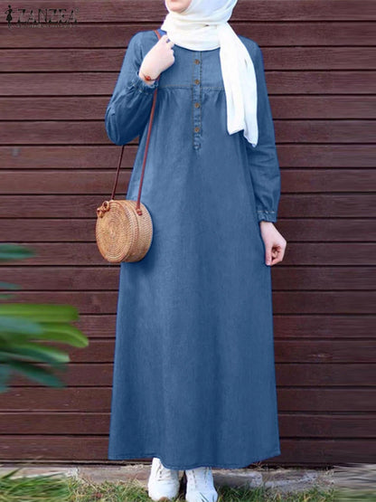 ZANZEA Women Vintage Muslim Abaya Dress 2024 Autumn Sundress Casual Long Sleeve Solid Maxi Long Vestidos Kaftan Islamic Clothing.